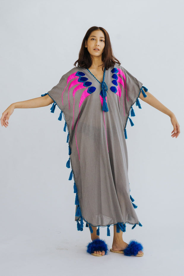 Feather Embroidered Caftan Tunic Shiona - sustainably made MOMO NEW YORK sustainable clothing, Boho Chic slow fashion