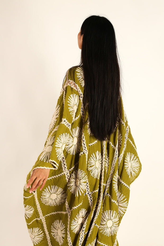 FLORA CROCHET KIMONO GREEN - sustainably made MOMO NEW YORK sustainable clothing, flashsalenovember22 slow fashion