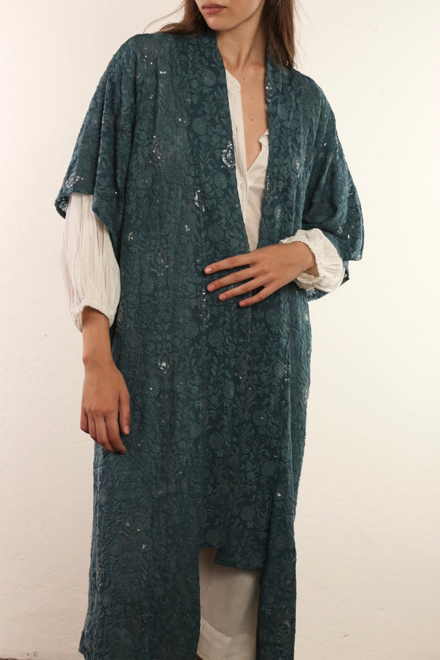 FLOWER EMERALD GREEN SILK KIMONO ISLA - sustainably made MOMO NEW YORK sustainable clothing, kimono slow fashion