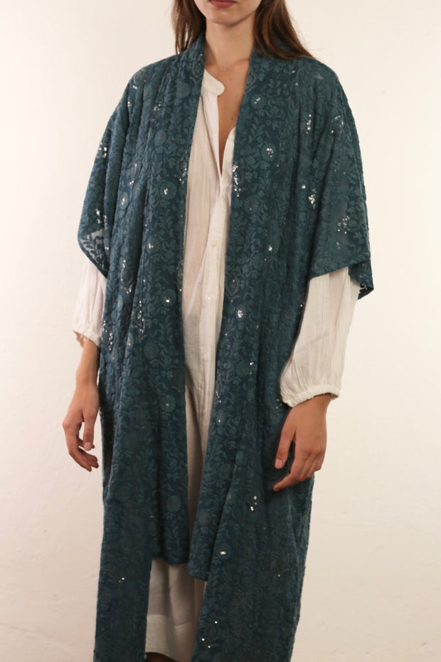 FLOWER EMERALD GREEN SILK KIMONO ISLA - sustainably made MOMO NEW YORK sustainable clothing, kimono slow fashion