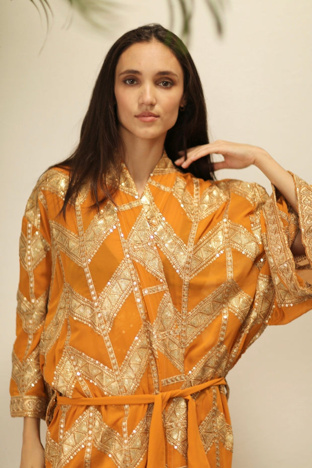 GOLDEN EMBROIDERED SILK KIMONO - sustainably made MOMO NEW YORK sustainable clothing, kimono slow fashion