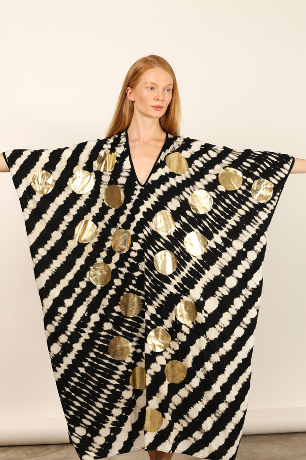 HAND BATIK GOLD DOT KAFTAN LIENA - sustainably made MOMO NEW YORK sustainable clothing, dress slow fashion