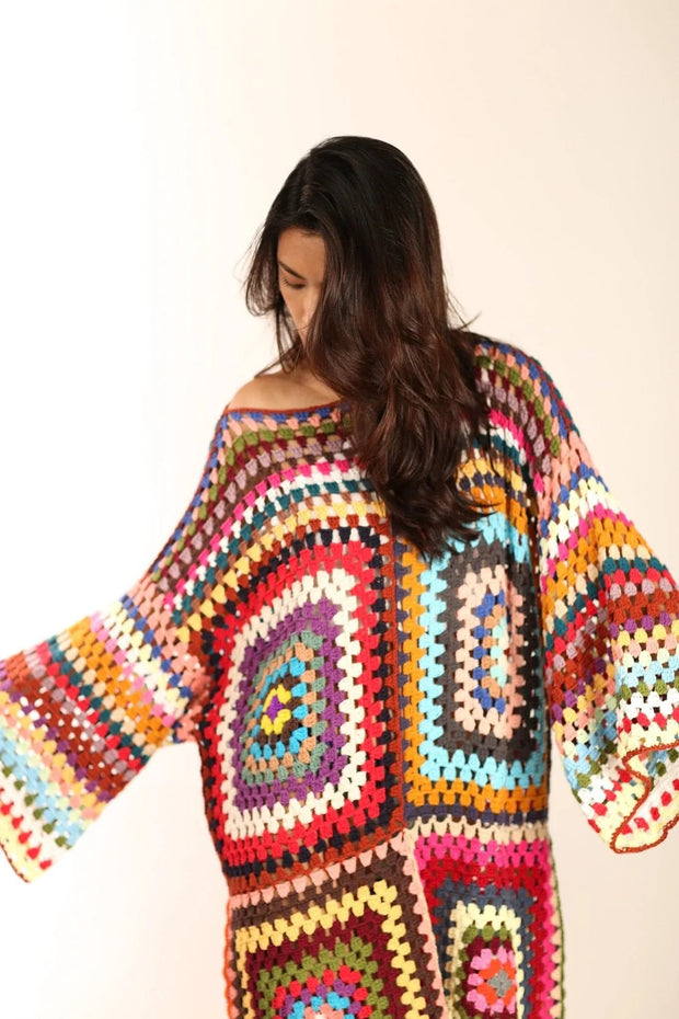 HAND CROCHET KAFTAN RAJA - sustainably made MOMO NEW YORK sustainable clothing, crochet slow fashion