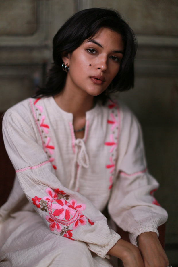 HAND EMBROIDERED COTTON EVERY DAY DRESS JELENA - sustainably made MOMO NEW YORK sustainable clothing, kaftan slow fashion