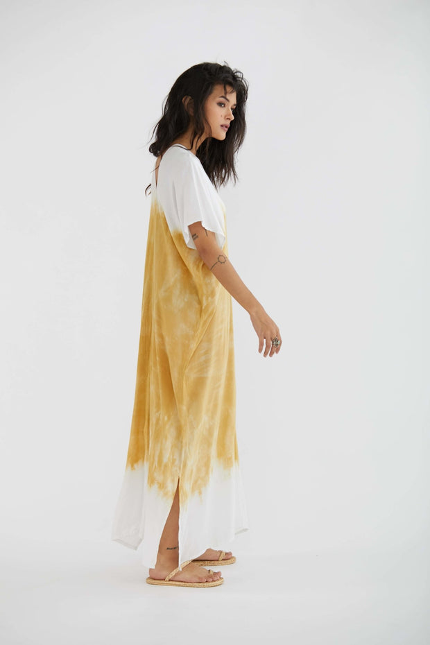 Hand Tye Dye Kaftan Tunic Dress Amandine - sustainably made MOMO NEW YORK sustainable clothing, Boho Chic slow fashion