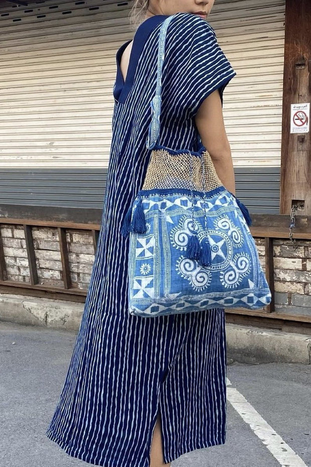 INDIGO FISHERMAN NET BAG - sustainably made MOMO NEW YORK sustainable clothing, samplesale1022 slow fashion