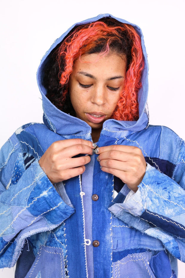 INDIGO PATCHWORK HOODIE JACKET NGOZI - sustainably made MOMO NEW YORK sustainable clothing, saleojai slow fashion