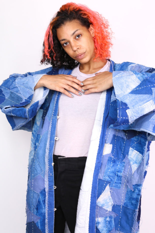 INDIGO PATCHWORK KIMONO NOLA - sustainably made MOMO NEW YORK sustainable clothing, Kimono slow fashion