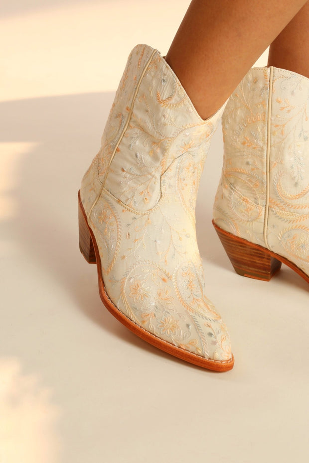 IVORY EMBROIDERED SILK SHORT WESTERN BOOTS FELO - sustainably made MOMO NEW YORK sustainable clothing, boots slow fashion