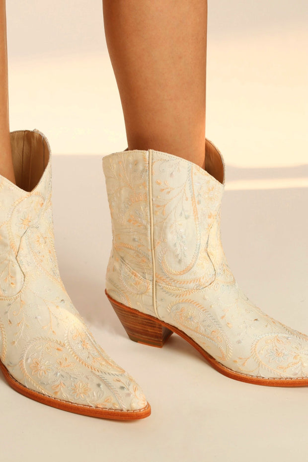 IVORY EMBROIDERED SILK SHORT WESTERN BOOTS FELO - sustainably made MOMO NEW YORK sustainable clothing, boots slow fashion