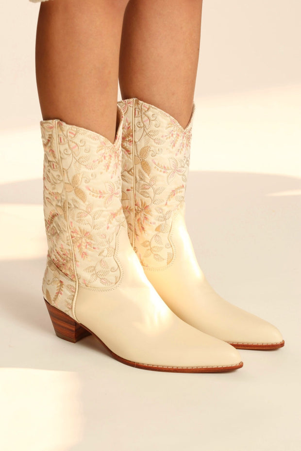 IVORY PINK FLOWER LEAF EMBROIDERED WESTERN BOOTS CHINELO - sustainably made MOMO NEW YORK sustainable clothing, boots slow fashion