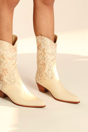 IVORY PINK FLOWER LEAF EMBROIDERED WESTERN BOOTS CHINELO - sustainably made MOMO NEW YORK sustainable clothing, boots slow fashion