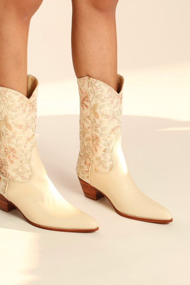 IVORY PINK FLOWER LEAF EMBROIDERED WESTERN BOOTS CHINELO - sustainably made MOMO NEW YORK sustainable clothing, boots slow fashion