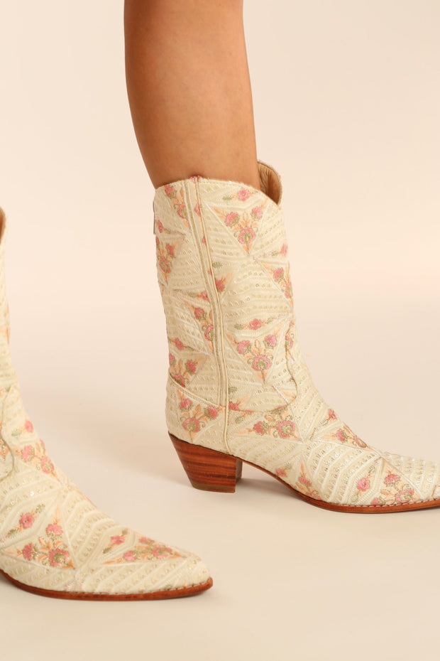 IVORY PINK FLOWER SILK WESTERN BOOTS DEKOTA - sustainably made MOMO NEW YORK sustainable clothing, boots slow fashion