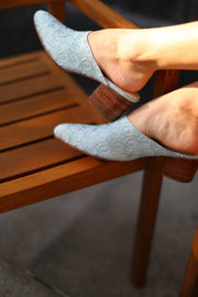 LIGHT BLUE EMBROIDERED HEELED MULES MASANA - sustainably made MOMO NEW YORK sustainable clothing, mules slow fashion