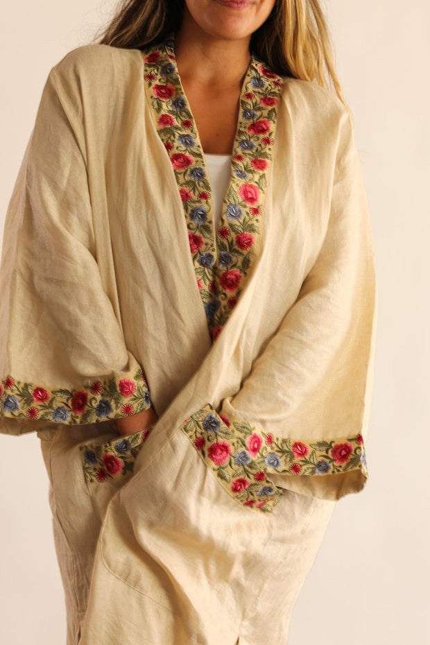 LINEN EMBROIDERED TRIM KIMONO DUSTER FRANKY - sustainably made MOMO NEW YORK sustainable clothing, resort2023 slow fashion