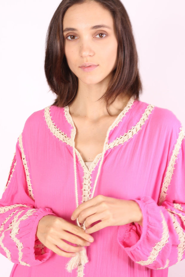 LONG SLEEVE KAFTAN TOVE HAND CROCET EMBROIDERED - sustainably made MOMO NEW YORK sustainable clothing, kaftan slow fashion