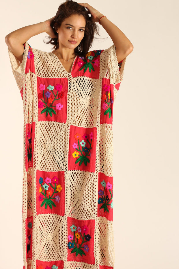 MAXI CROCHET EMBROIDERED KAFTAN IOANA - sustainably made MOMO NEW YORK sustainable clothing, Kimono slow fashion