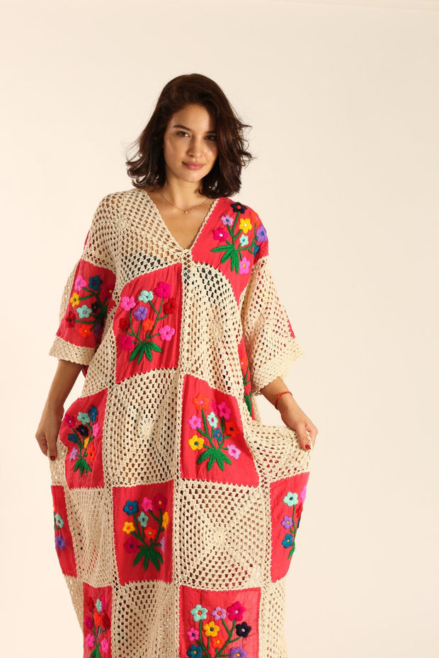 MAXI CROCHET EMBROIDERED KAFTAN IOANA - sustainably made MOMO NEW YORK sustainable clothing, Kimono slow fashion