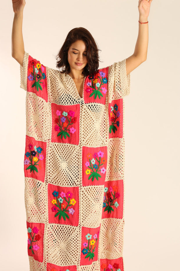 MAXI CROCHET EMBROIDERED KAFTAN IOANA - sustainably made MOMO NEW YORK sustainable clothing, Kimono slow fashion