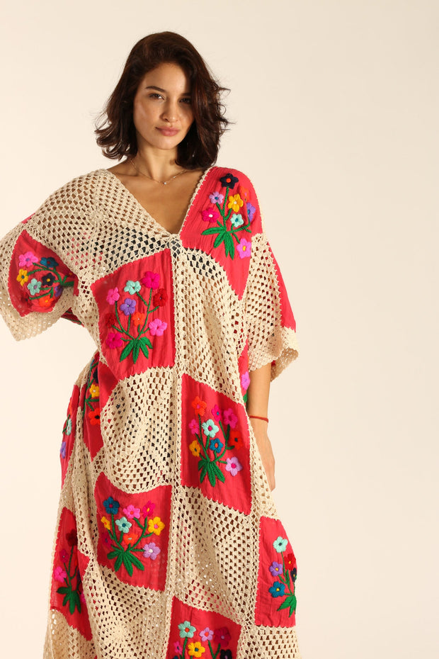 MAXI CROCHET EMBROIDERED KAFTAN IOANA - sustainably made MOMO NEW YORK sustainable clothing, Kimono slow fashion