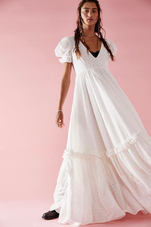 MAXI V NECK ANSEL BOHO WEDDING DRESS - sustainably made MOMO NEW YORK sustainable clothing, Boho Chic Dress slow fashion