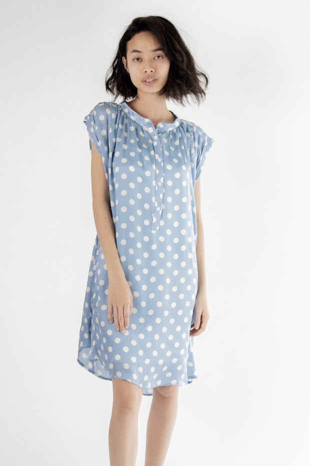 MODAL POLKA DOT LIGHT BLUE DRESS AMANDA - sustainably made MOMO NEW YORK sustainable clothing, kaftan slow fashion