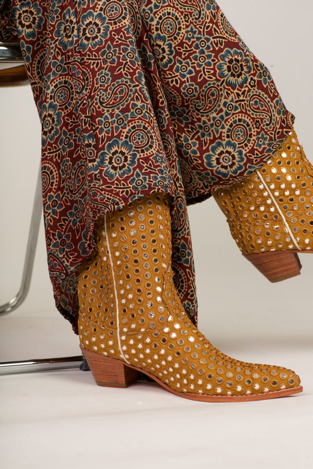 MUSTARD EMBELLISHED SILK BOOTS SANDY - sustainably made MOMO NEW YORK sustainable clothing, boots slow fashion