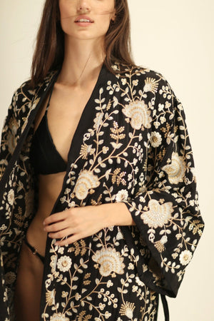 PAN FLOWER EMBROIDERED CHIFFON SILK KIMONO - sustainably made MOMO NEW YORK sustainable clothing, kimono slow fashion