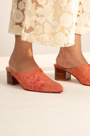 PEACH SILK EMBROIDERED HEELED MULES LEILY - sustainably made MOMO NEW YORK sustainable clothing, mules slow fashion