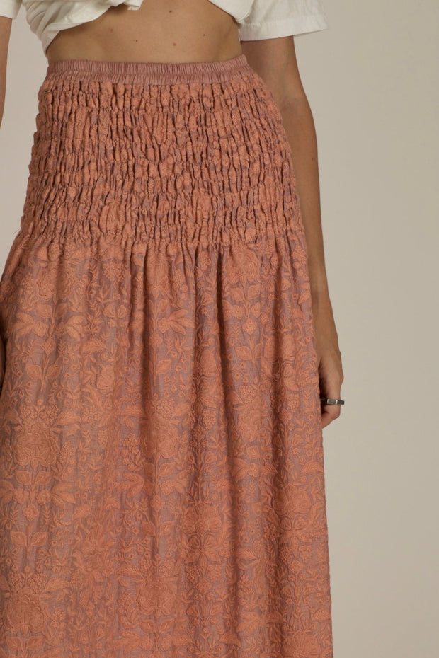 PEACH SILK EMBROIDERED SKIRT DRESS LISA - sustainably made MOMO NEW YORK sustainable clothing, dress slow fashion