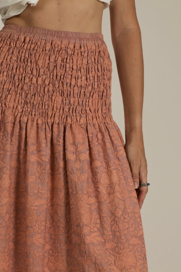 PEACH SILK EMBROIDERED SKIRT DRESS LISA - sustainably made MOMO NEW YORK sustainable clothing, dress slow fashion