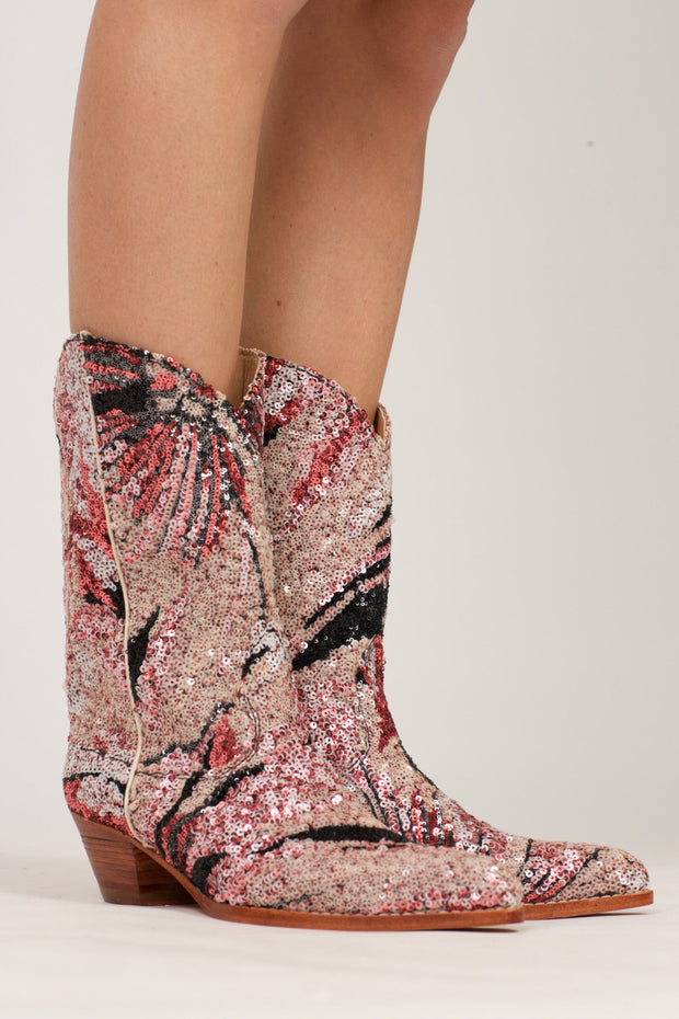 PINK BLACK SEQUIN EMBROIDERED WESTERN BOOTS RIAL - sustainably made MOMO NEW YORK sustainable clothing, boots slow fashion