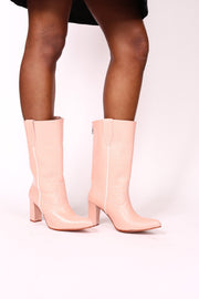 PINK CROC EMBOSSED HEEL BOOTS THOLA - sustainably made MOMO NEW YORK sustainable clothing, boots slow fashion