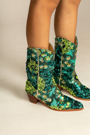 SELINA SEQUIN EMBROIDERED BOOTS FOREST GREEN - sustainably made MOMO NEW YORK sustainable clothing, boots slow fashion