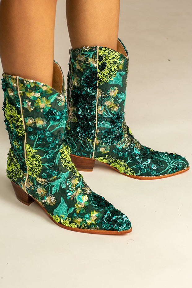 SELINA SEQUIN EMBROIDERED BOOTS FOREST GREEN - sustainably made MOMO NEW YORK sustainable clothing, boots slow fashion