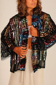 SEQUIN EMBROIDERED CHIFFON SILK SHORT KIMONO - sustainably made MOMO NEW YORK sustainable clothing, Jacket slow fashion