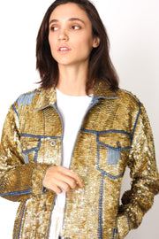 SEQUIN EMBROIDERED DENIM JACKET DEMI X FREE PEOPLE - sustainably made MOMO NEW YORK sustainable clothing, samplesale1022 slow fashion