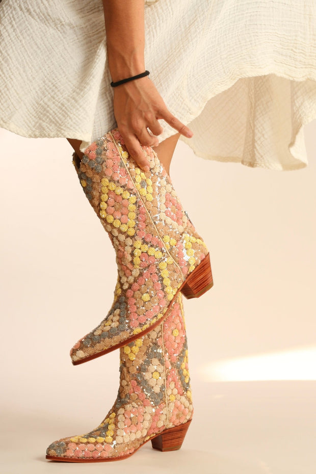 SEQUIN EMBROIDERED SILK WESTERN BOOTS NAHOME - sustainably made MOMO NEW YORK sustainable clothing, boots slow fashion