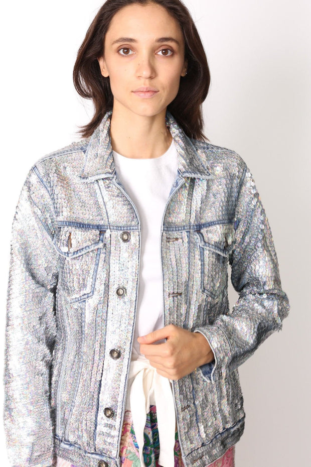 SEQUIN HAND EMBROIDERED DENIM JACKET DEMI (SILVER) - sustainably made MOMO NEW YORK sustainable clothing, preorder slow fashion