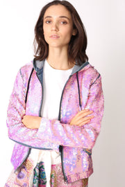 SEQUIN HOODIE DENIM JACKET - sustainably made MOMO NEW YORK sustainable clothing, preorder slow fashion