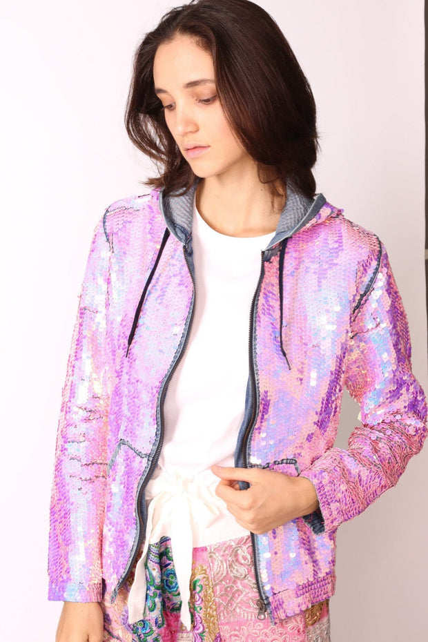 SEQUIN HOODIE DENIM JACKET - sustainably made MOMO NEW YORK sustainable clothing, preorder slow fashion