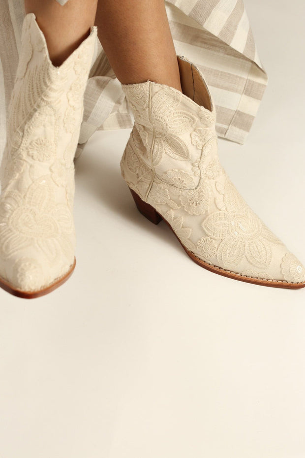 SHORT CREME LACE EMBROIDERED BOOTS NADY - sustainably made MOMO NEW YORK sustainable clothing, boots slow fashion