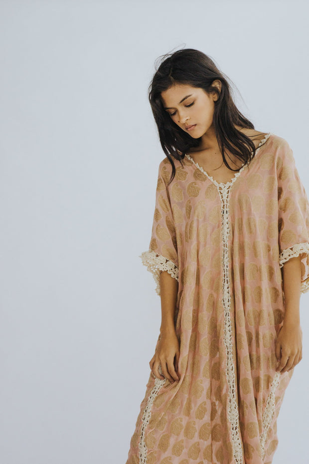 SILK CROCHET EMBROIDERED KAFTAN CAMELLA - sustainably made MOMO NEW YORK sustainable clothing, crochet slow fashion