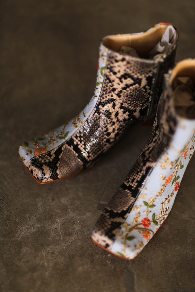 SPLIT SNAKE SKIN LEATHER EMBROIDERED SILK BOOTS - sustainably made MOMO NEW YORK sustainable clothing, boots slow fashion