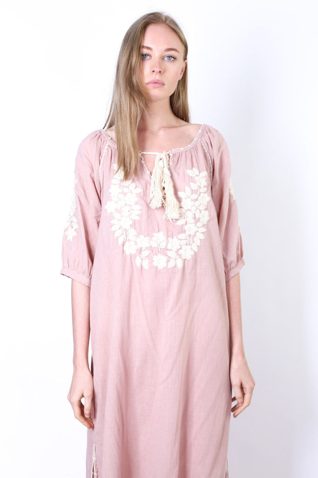 STAYCATION EMBROIDERED HALF SLEEVE KAFTAN DRESS ELLA - sustainably made MOMO NEW YORK sustainable clothing, kaftan slow fashion