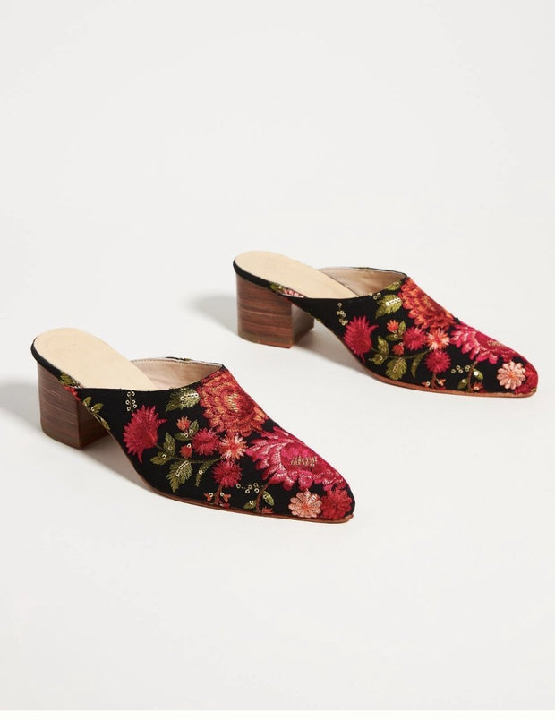 TAPESTRY EMBROIDERED HEELED MULES - sustainably made MOMO NEW YORK sustainable clothing, mules slow fashion