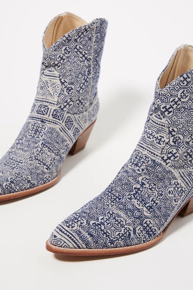 TILE MOSAIC INDIGO WESTERN BOOTS X ANTHROPOLOGIE - sustainably made MOMO NEW YORK sustainable clothing, boots slow fashion