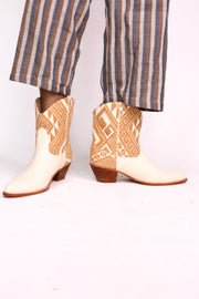 TRIBAL WOVEN LEATHER ANKLE BOOTS IVORY - sustainably made MOMO NEW YORK sustainable clothing, boots slow fashion