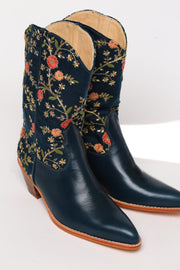 TURQUOISE LEATHER EMBROIDERED SILK BOOTS SONIA - sustainably made MOMO NEW YORK sustainable clothing, boots slow fashion